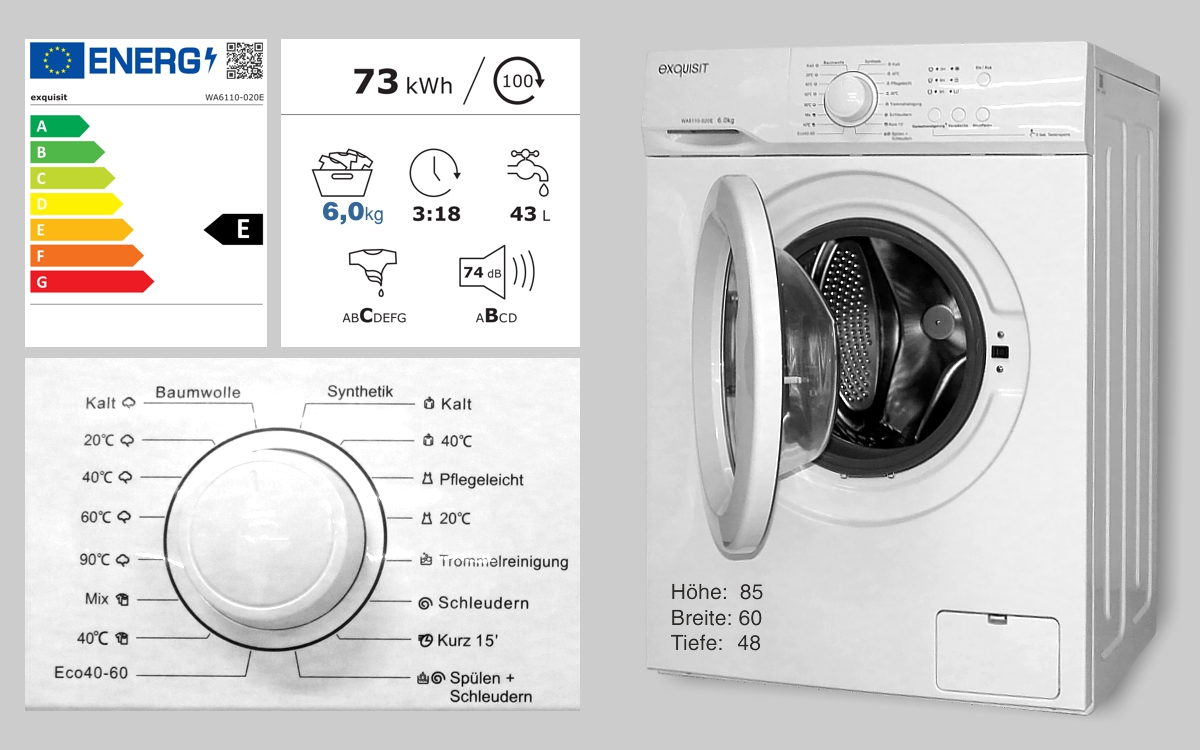 Waschmaschine freistehend - Hersteller exquisit - 6kg Fassungsvermögen - Energieklasse E